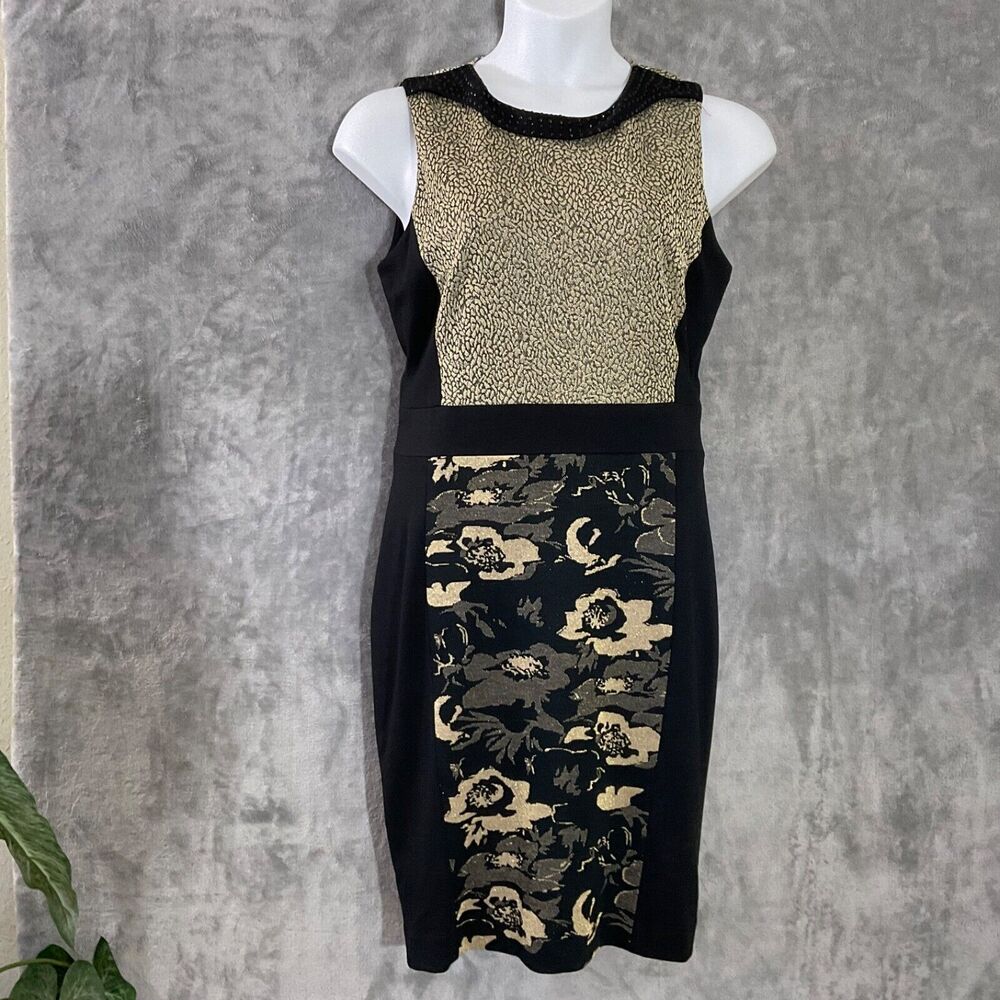 Belle Badgley Mischka black & gold floral metallic beaded sheath dress size 12